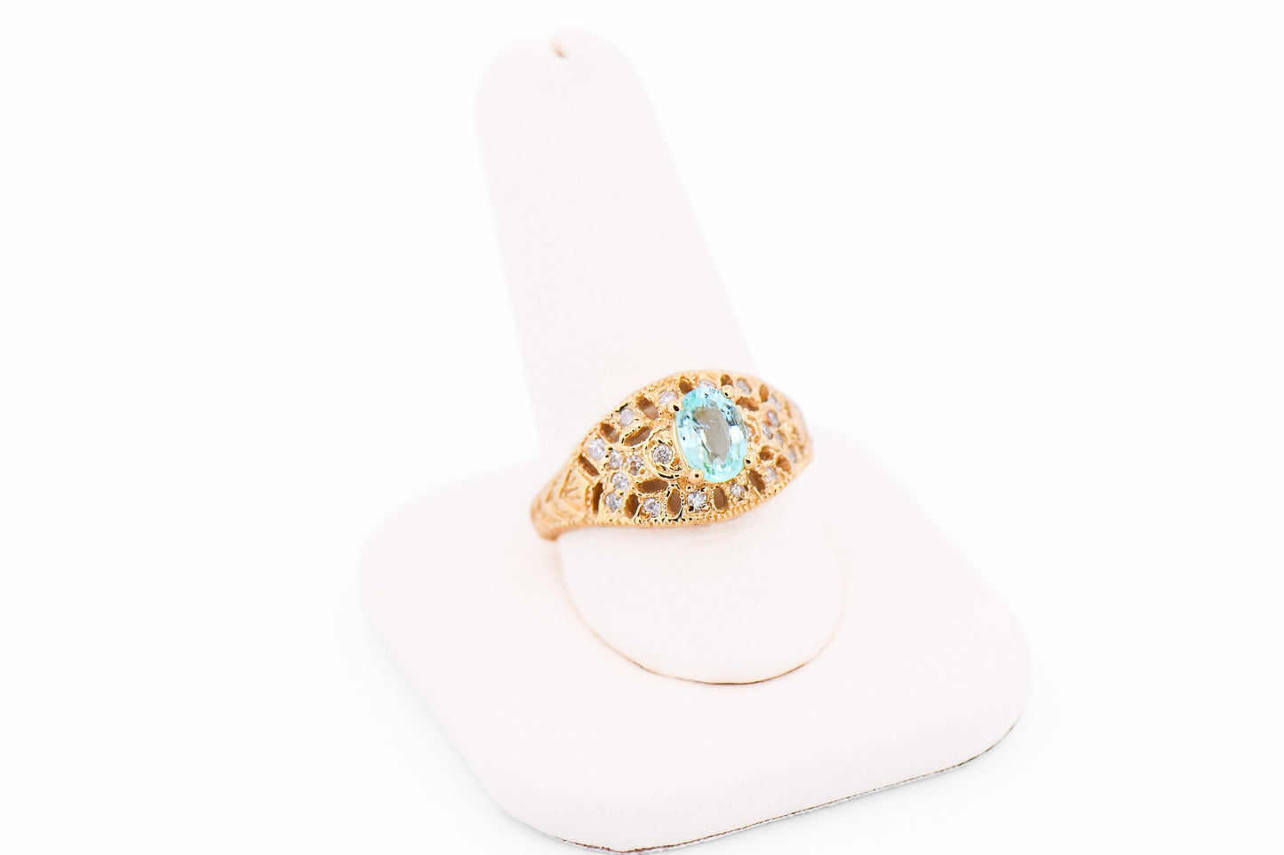 Vintage Styled Mozambique Paraiba Tourmaline & Diamond Ring in Yellow Gold