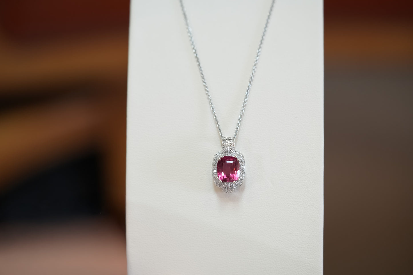 Vintage Styled Pendant with Cushion Pink Tourmaline & Diamonds