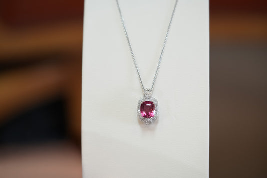 Vintage Styled Pendant with Cushion Pink Tourmaline & Diamonds