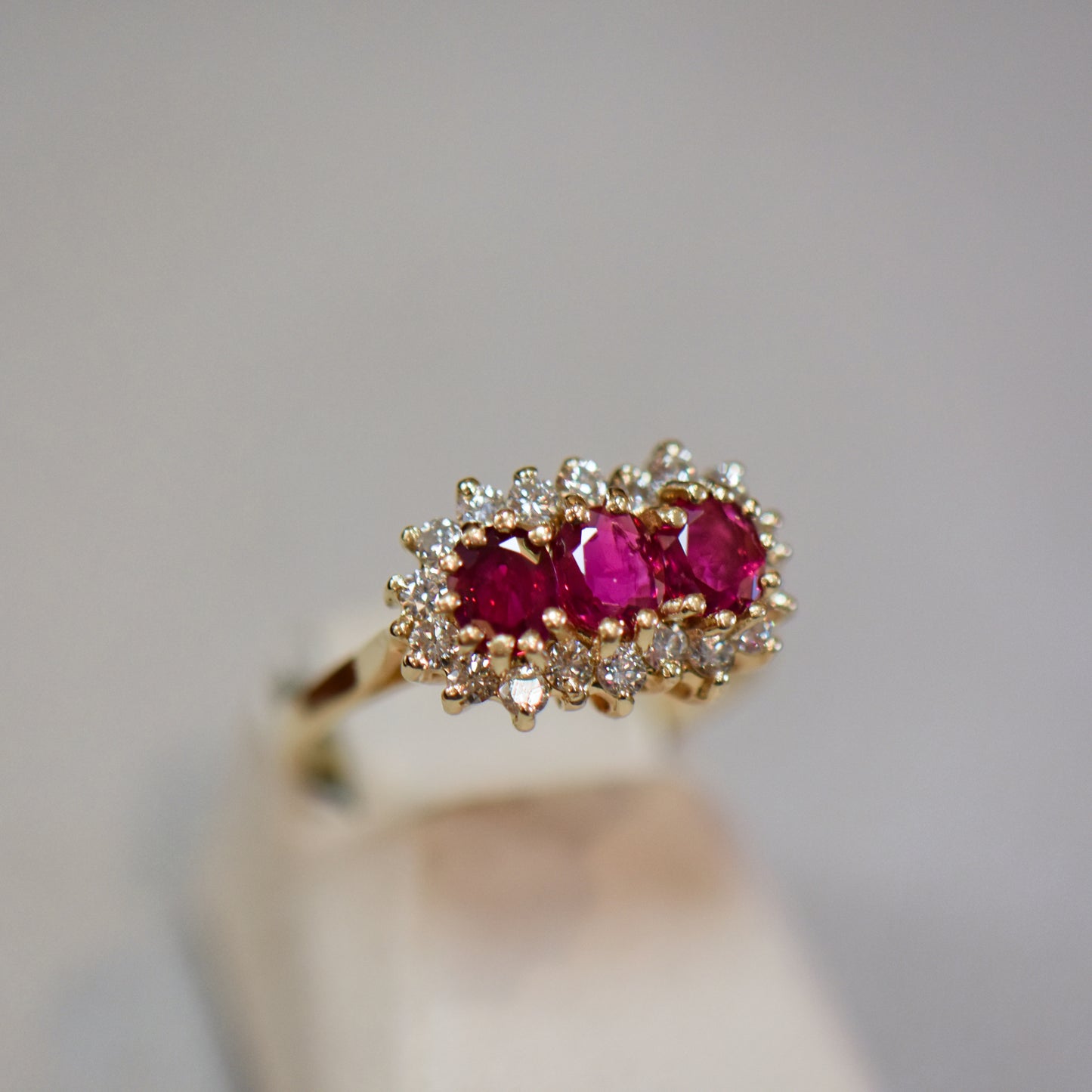 Vintage Three-Stone Ruby and Diamond Cluster Ring in 14k Gold