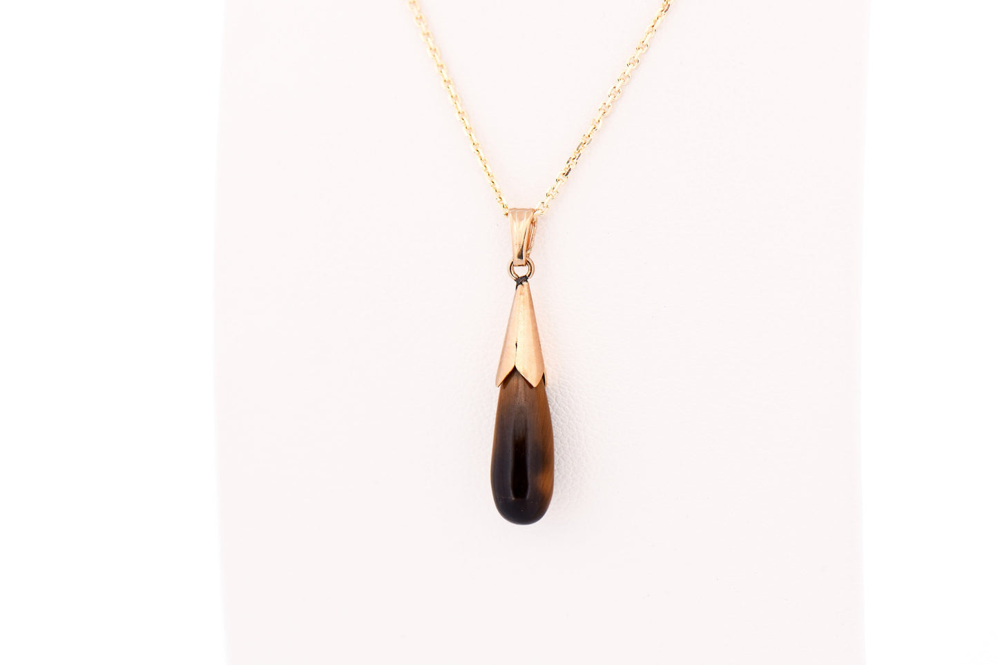 Vintage Tiger's Eye Briolette Drop Pendant in Yellow Gold