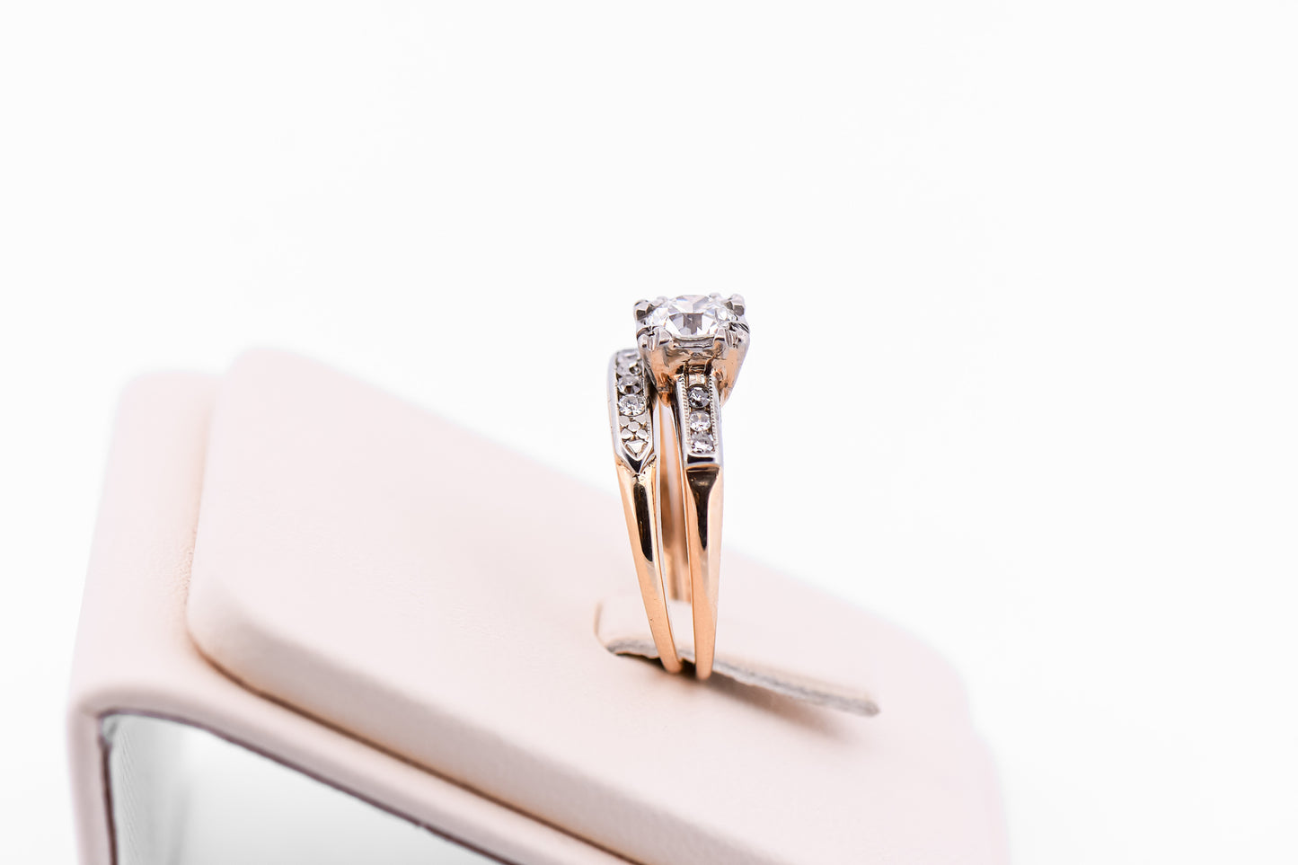 Vintage Wedding Set with Old European Cut Diamond in Two-Tone Gold
