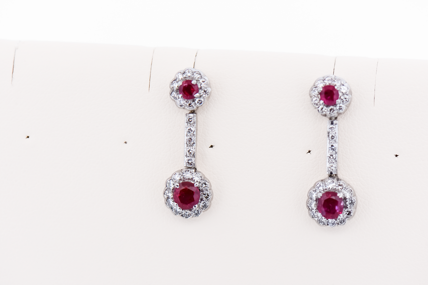 Vintage White Gold Earrings with Ruby & Diamond Halo Drops