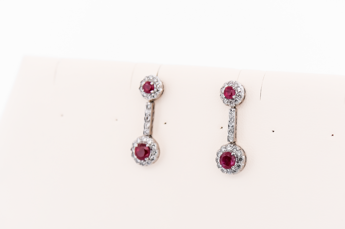 Vintage White Gold Earrings with Ruby & Diamond Halo Drops
