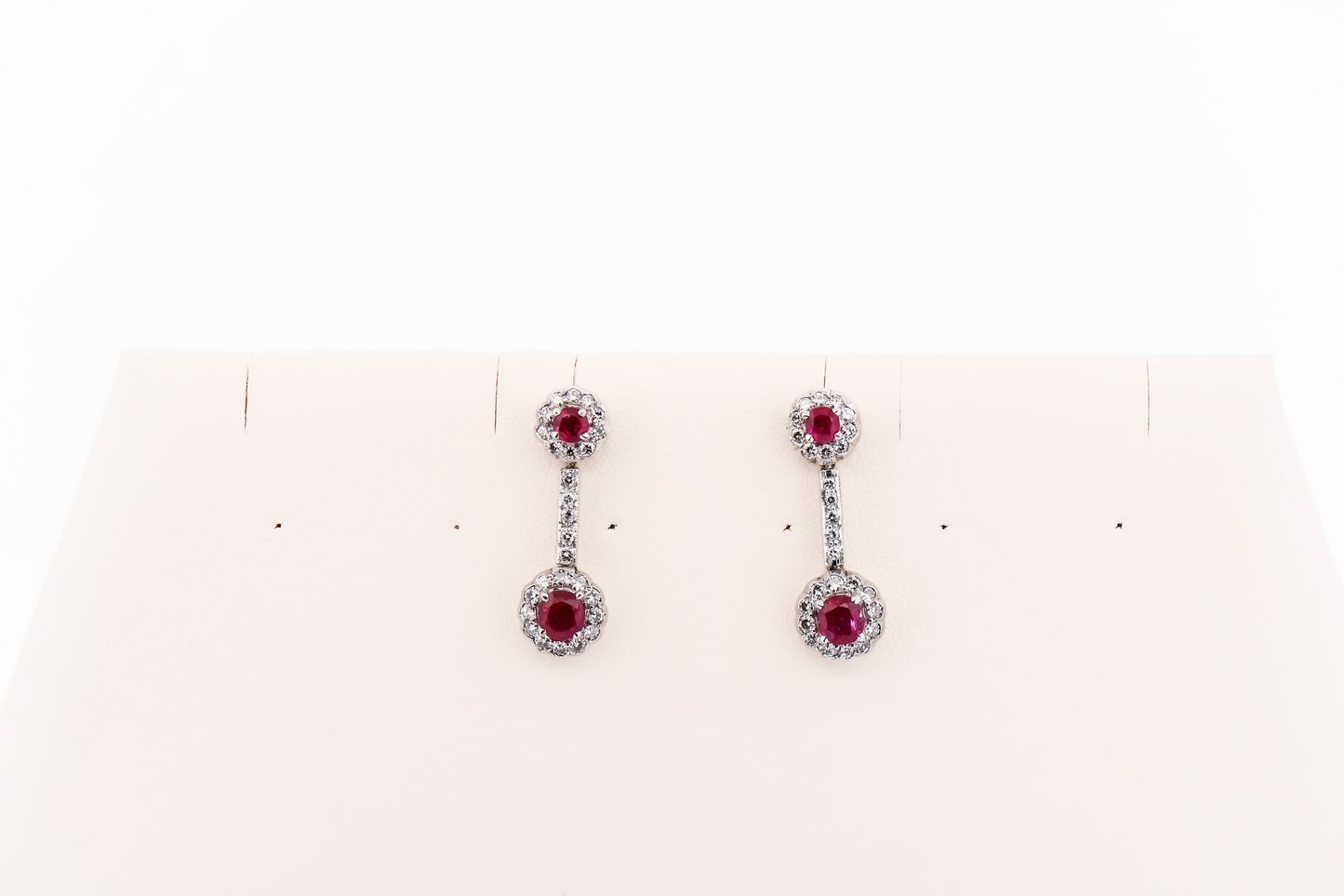Vintage White Gold Earrings with Ruby & Diamond Halo Drops
