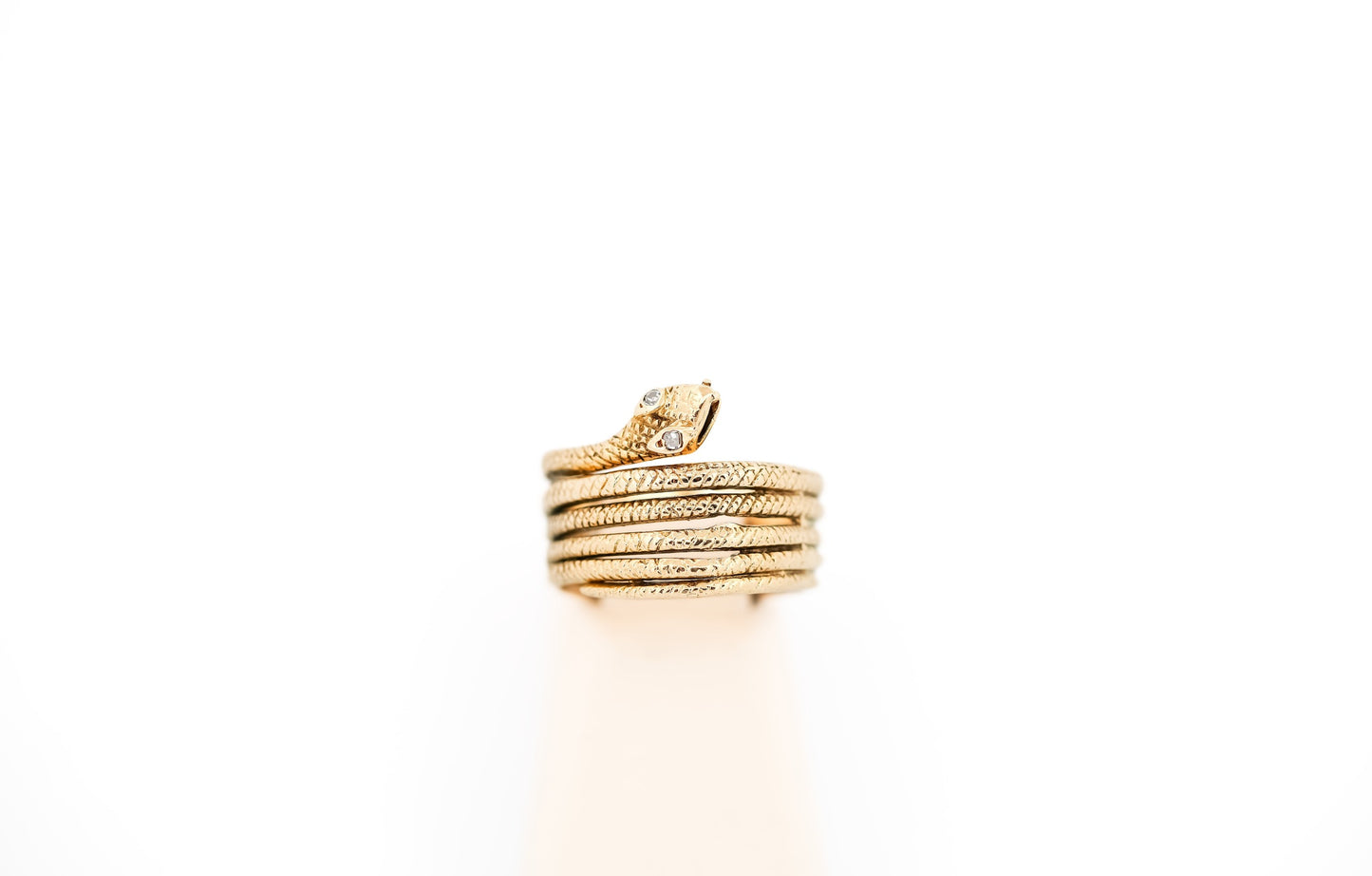 Vintage Yellow Gold Coiled Snake Ring with Diamond Eyes