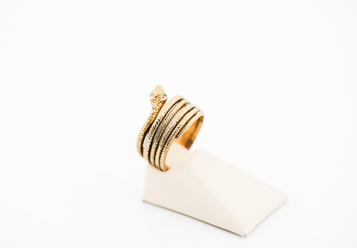Vintage Yellow Gold Coiled Snake Ring with Diamond Eyes