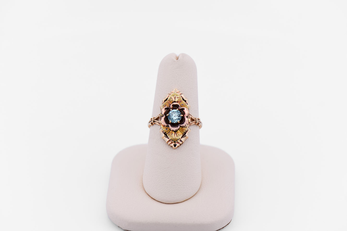 Vintage Yellow & Rose Gold Ring with Blue Zircon - Black Hills Gold Style