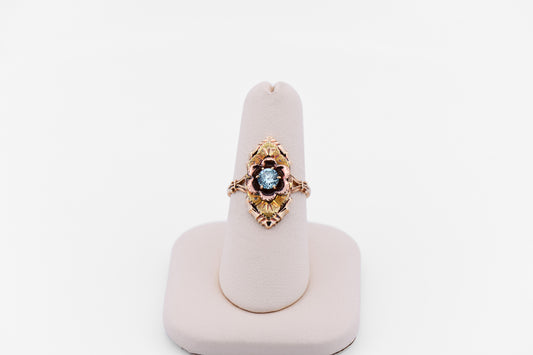 Vintage Yellow & Rose Gold Ring with Blue Zircon - Black Hills Gold Style