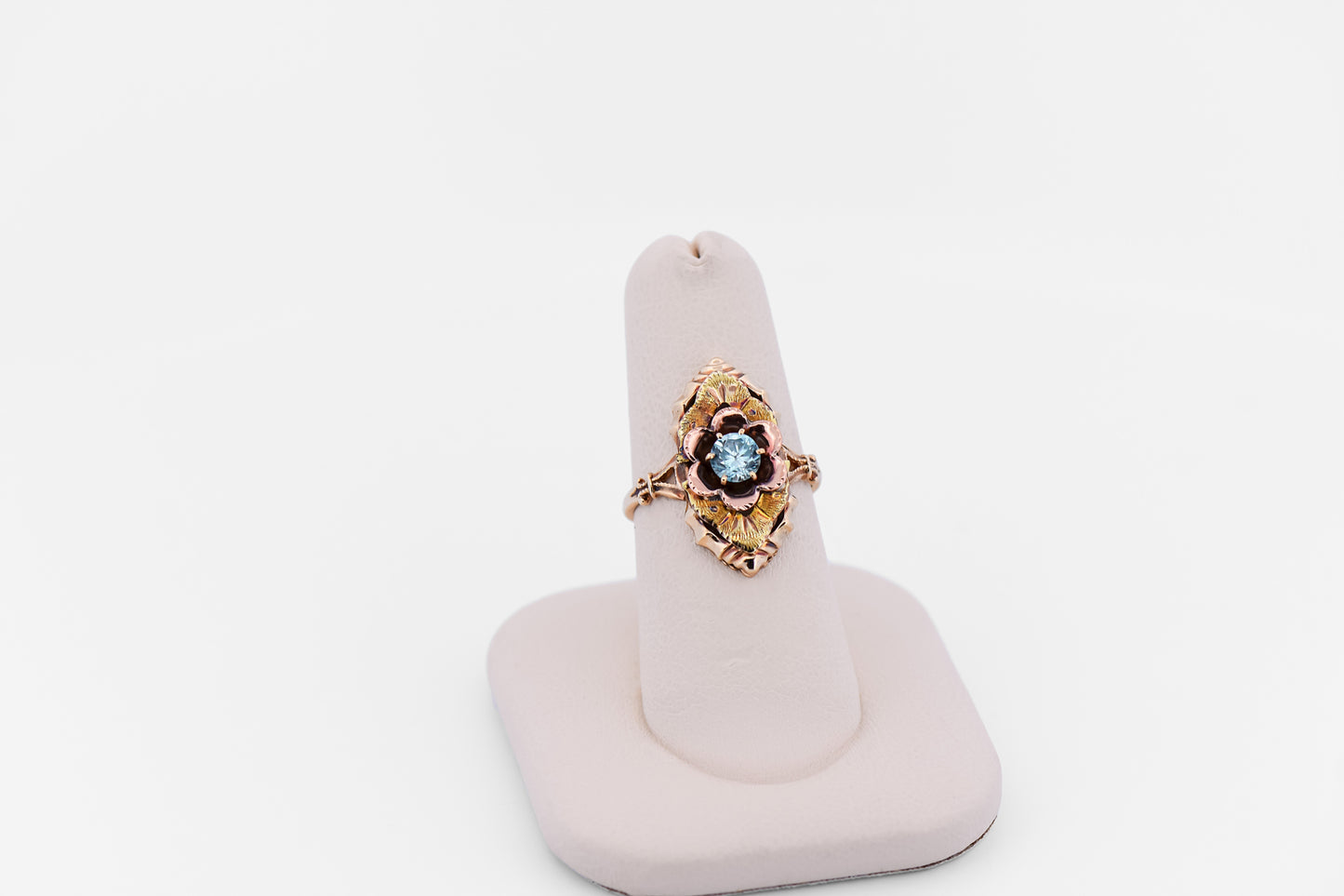 Vintage Yellow & Rose Gold Ring with Blue Zircon - Black Hills Gold Style