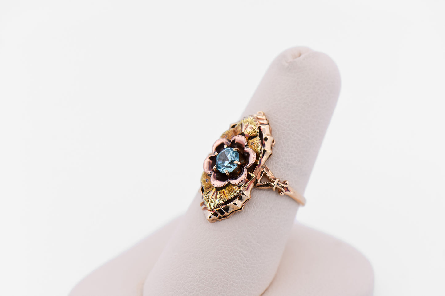 Vintage Yellow & Rose Gold Ring with Blue Zircon - Black Hills Gold Style