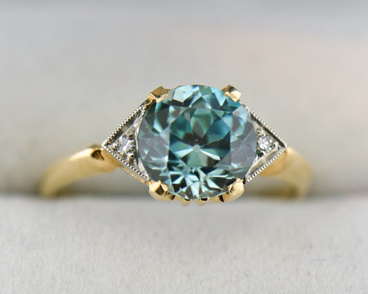 Retro Blue Zircon & Diamond 3-Stone Ring