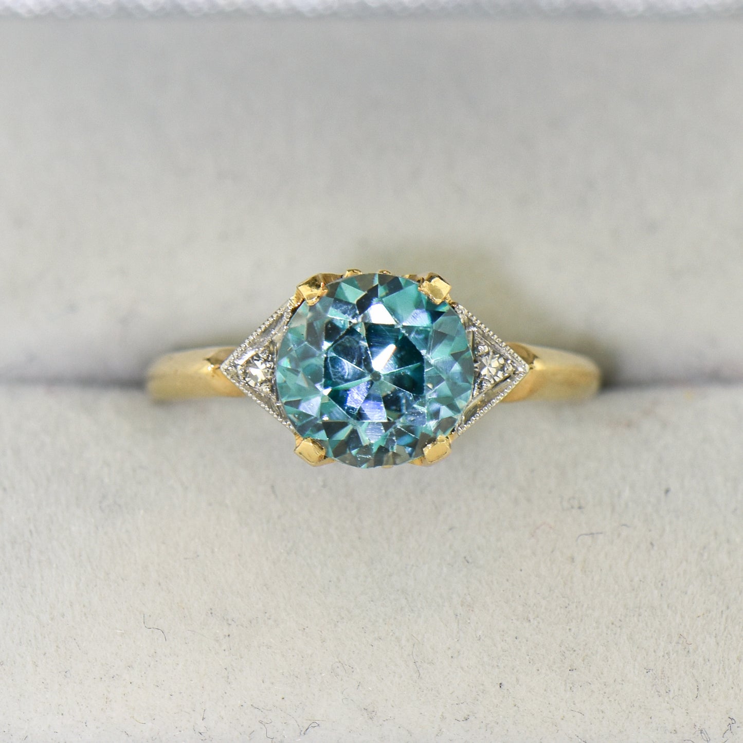 Retro Blue Zircon & Diamond 3-Stone Ring