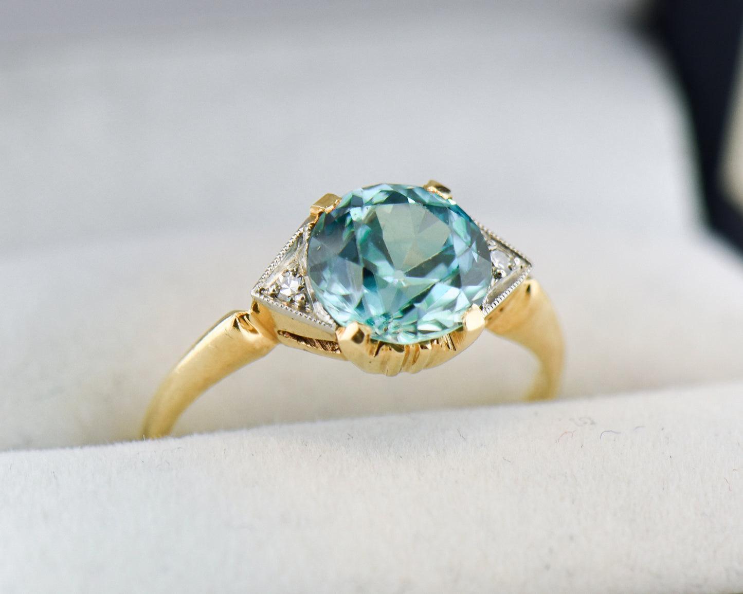 Retro Blue Zircon & Diamond 3-Stone Ring