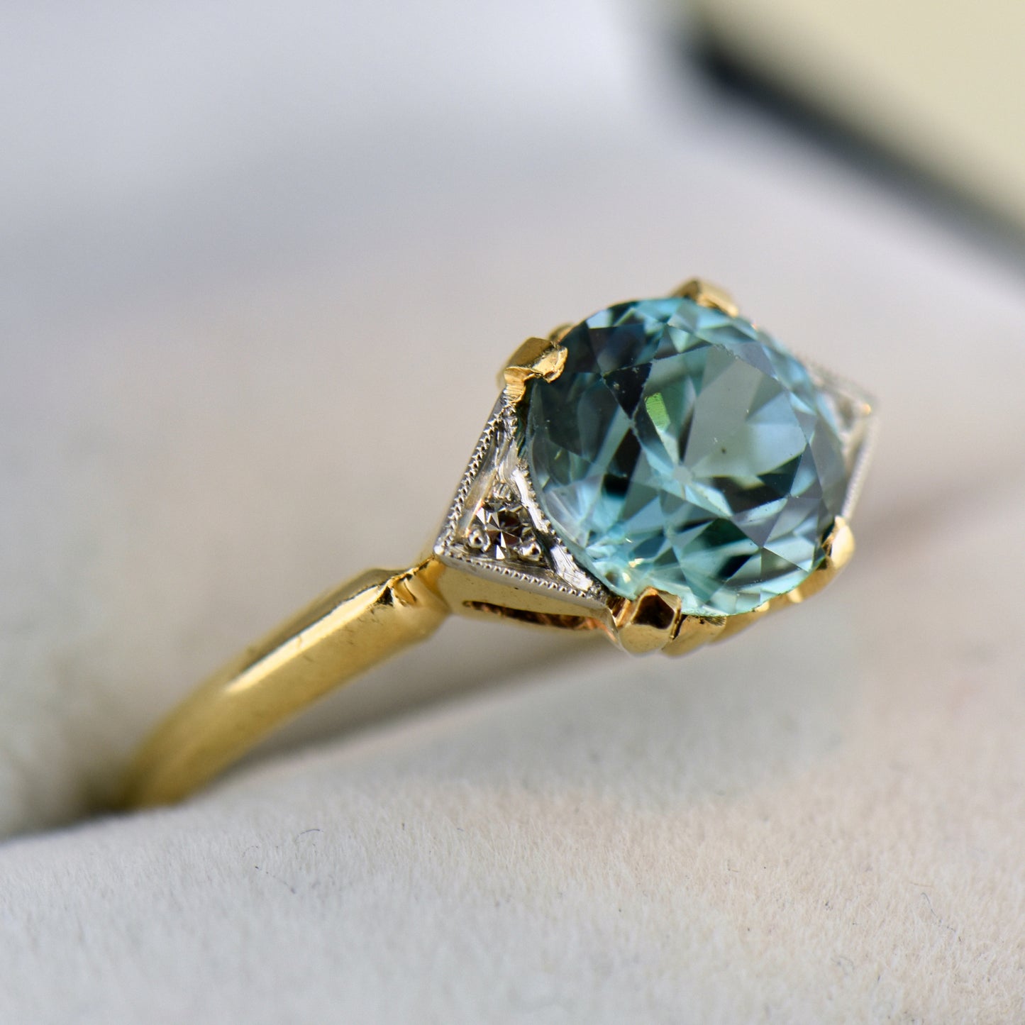 Retro Blue Zircon & Diamond 3-Stone Ring