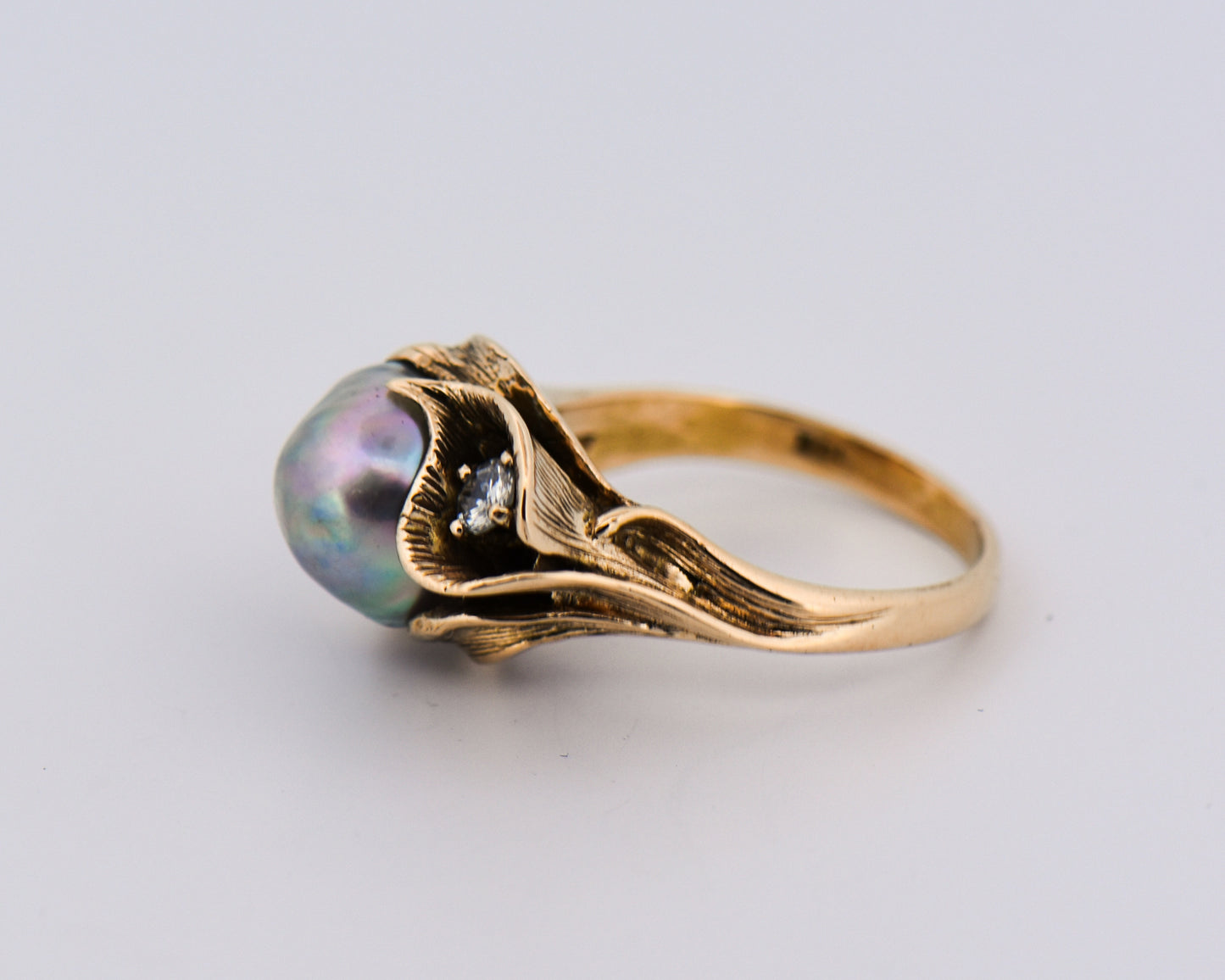 Antiqued Gold Lily Ring with Baroque Pearl & Diamond
