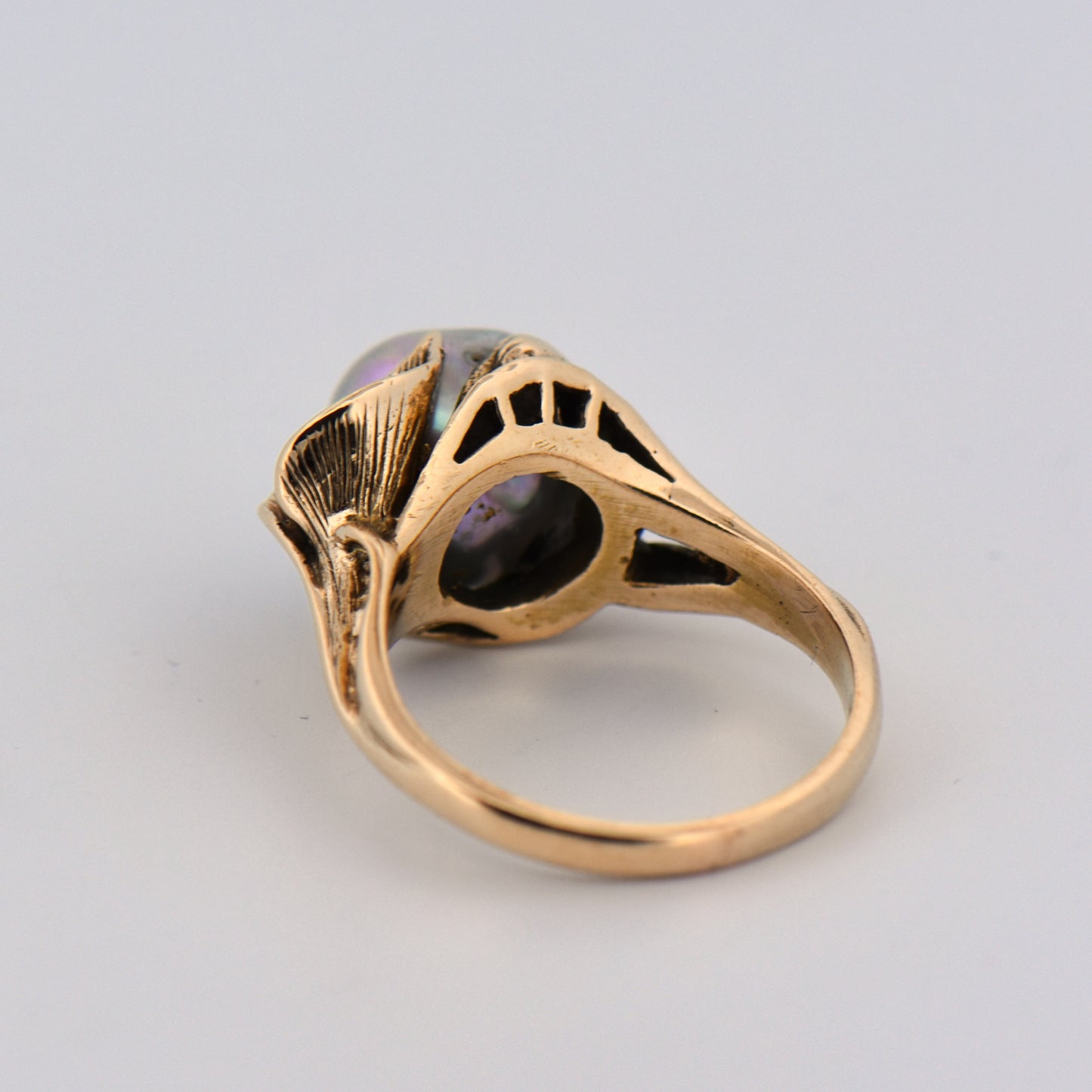Antiqued Gold Lily Ring with Baroque Pearl & Diamond