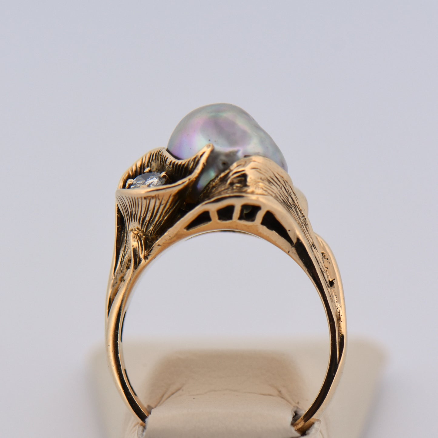Antiqued Gold Lily Ring with Baroque Pearl & Diamond