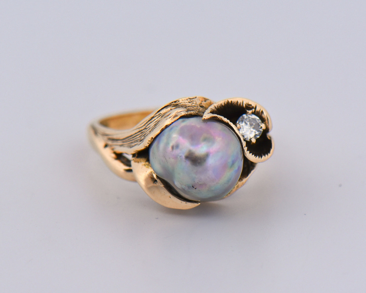 Antiqued Gold Lily Ring with Baroque Pearl & Diamond