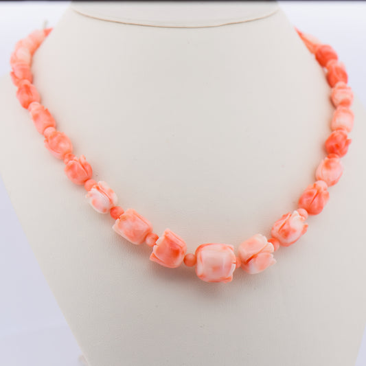 Vintage 1960s Carved Pink Coral Flower Bead Strand