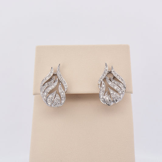 Vintage Leaf Motif Diamond Earrings in 14k White Gold