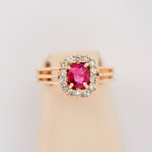 Vintage Pink Sapphire Halo Ring in Yellow Gold
