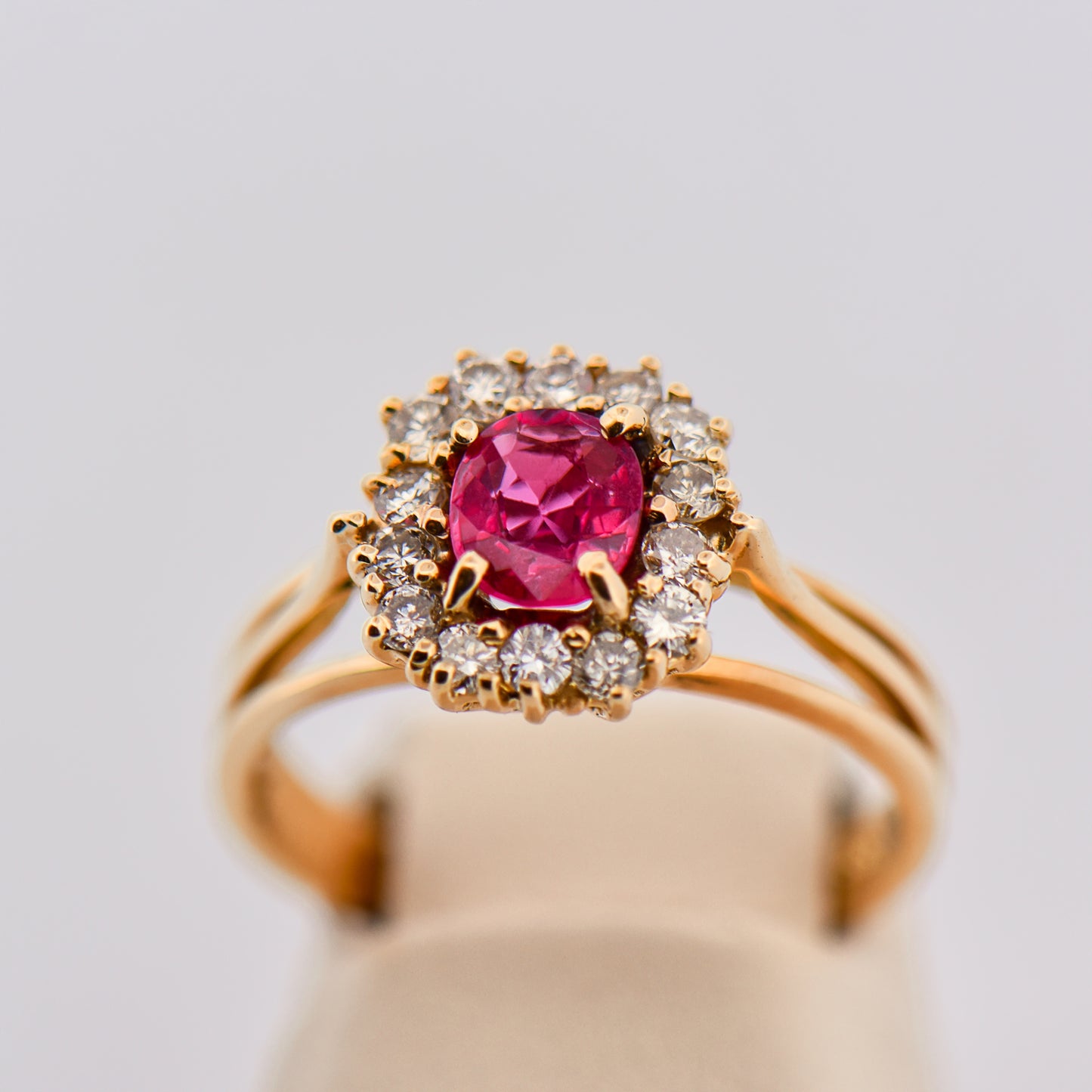 Vintage Pink Sapphire Halo Ring in Yellow Gold