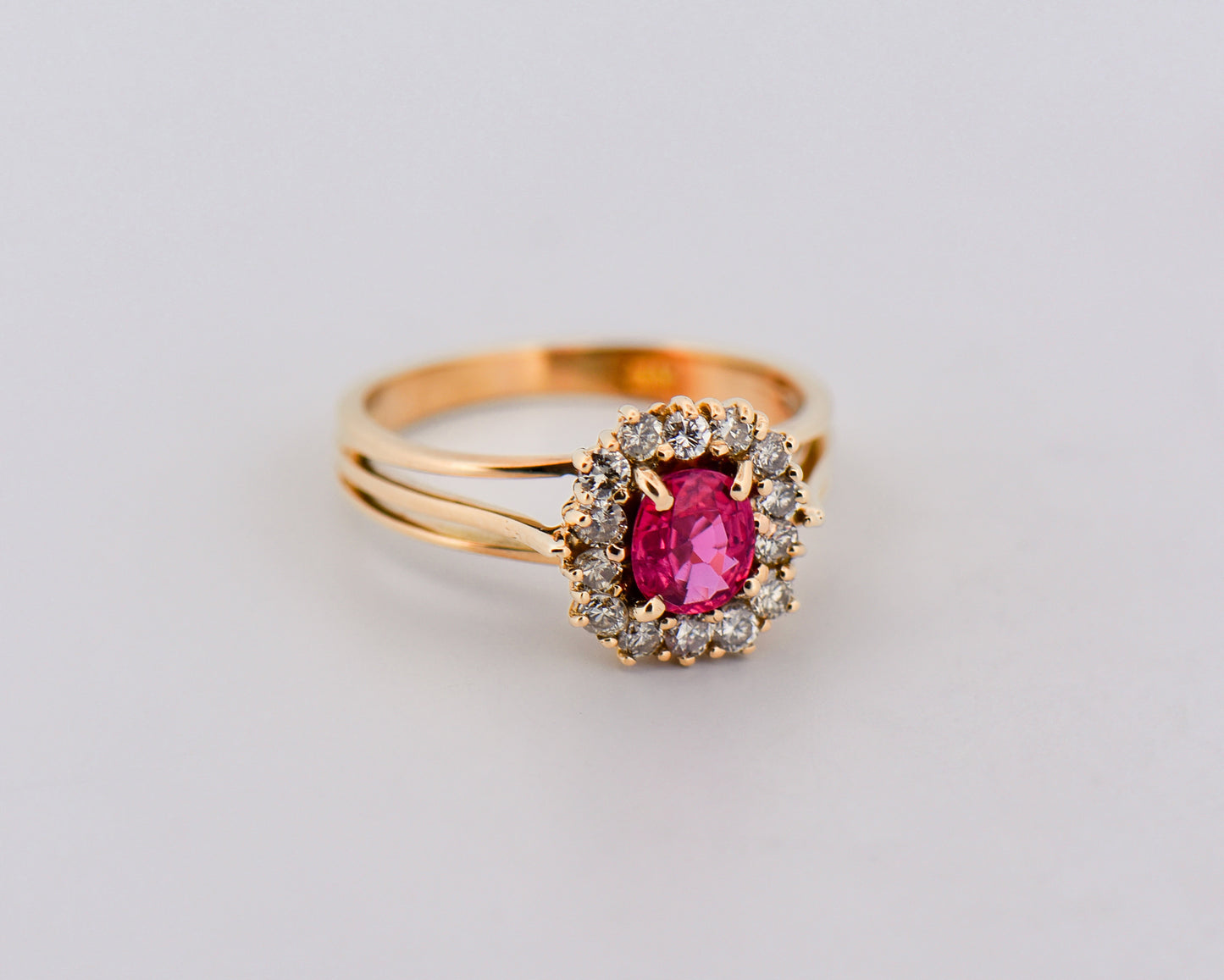 Vintage Pink Sapphire Halo Ring in Yellow Gold
