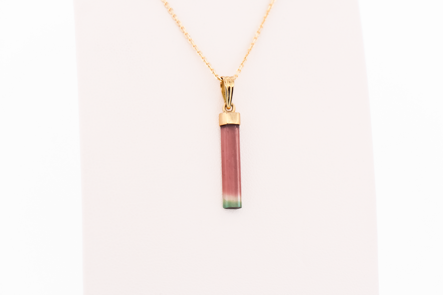 Watermelon Tourmaline Crystal Pendant with 14k Yellow Gold Cap and Bail