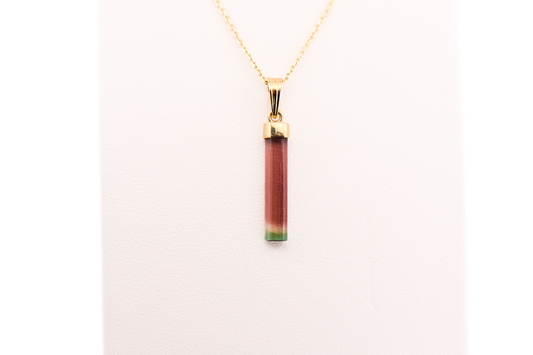 Watermelon Tourmaline Crystal Pendant with 14k Yellow Gold Cap and Bail