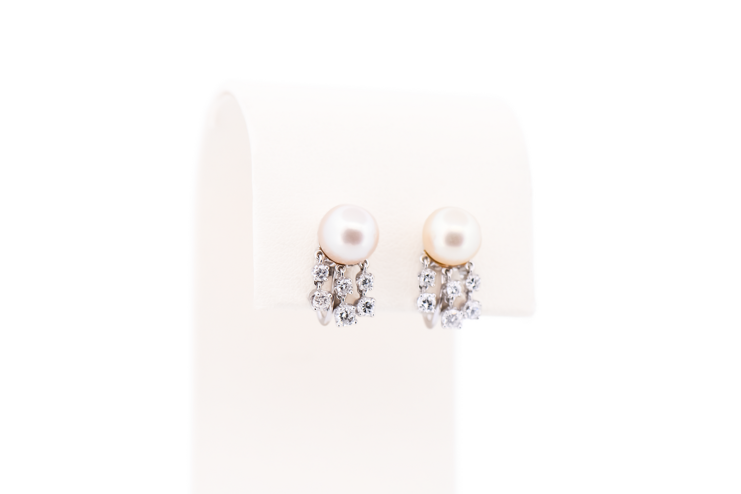White Akoya Pearl & Diamond Chandelier Earrings - Screw-On Backs for Non-Pierced Ears