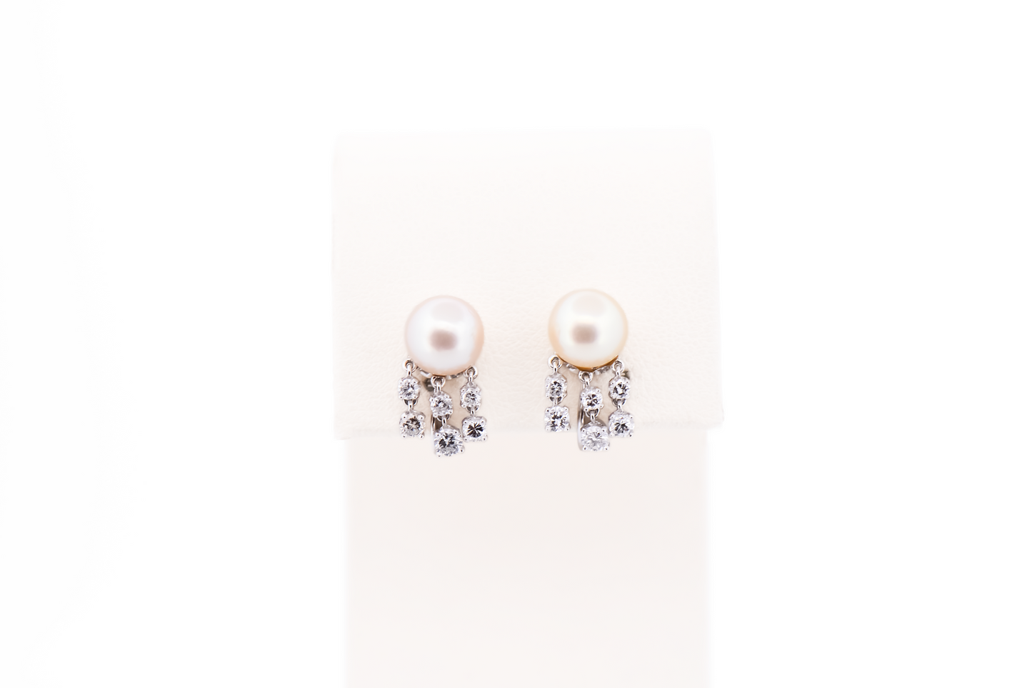 White Akoya Pearl & Diamond Chandelier Earrings - Screw-On Backs for Non-Pierced Ears