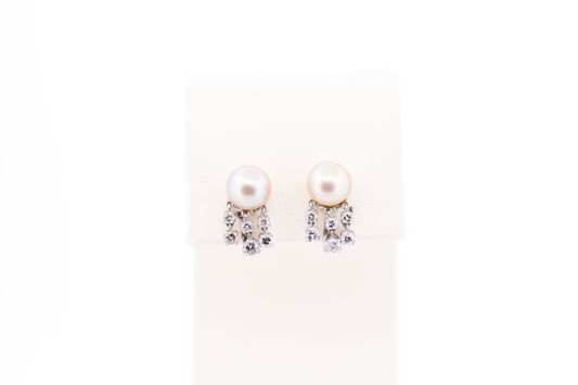White Akoya Pearl & Diamond Chandelier Earrings - Screw-On Backs for Non-Pierced Ears