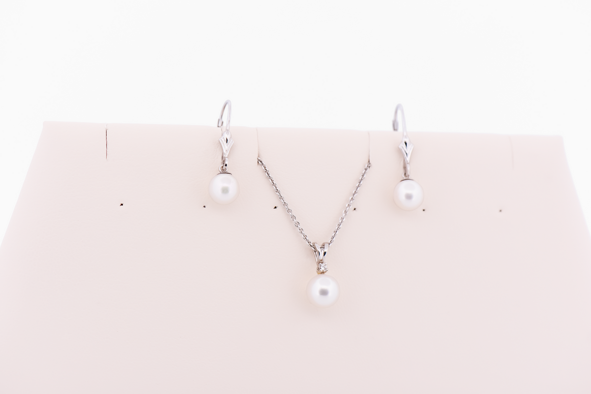 White Akoya Pearl Pendant & Earring Set in 14k White Gold