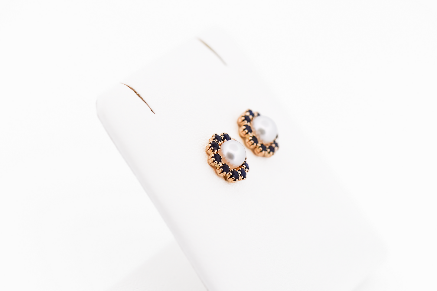 White Button Pearl Stud Earrings with Navy Blue Sapphire Halos