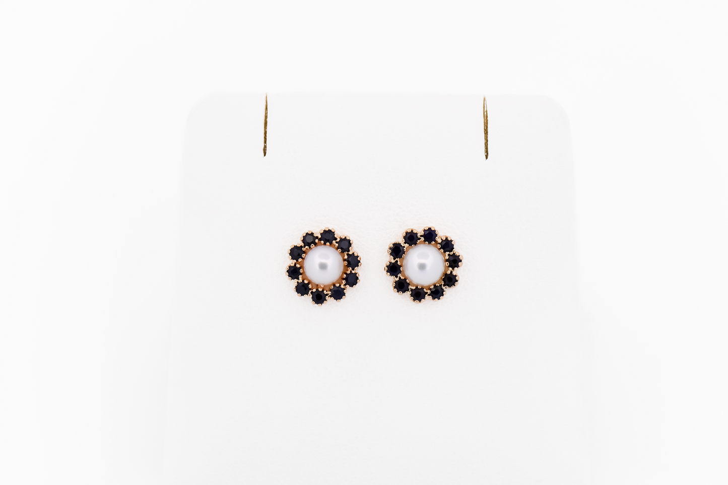 White Button Pearl Stud Earrings with Navy Blue Sapphire Halos