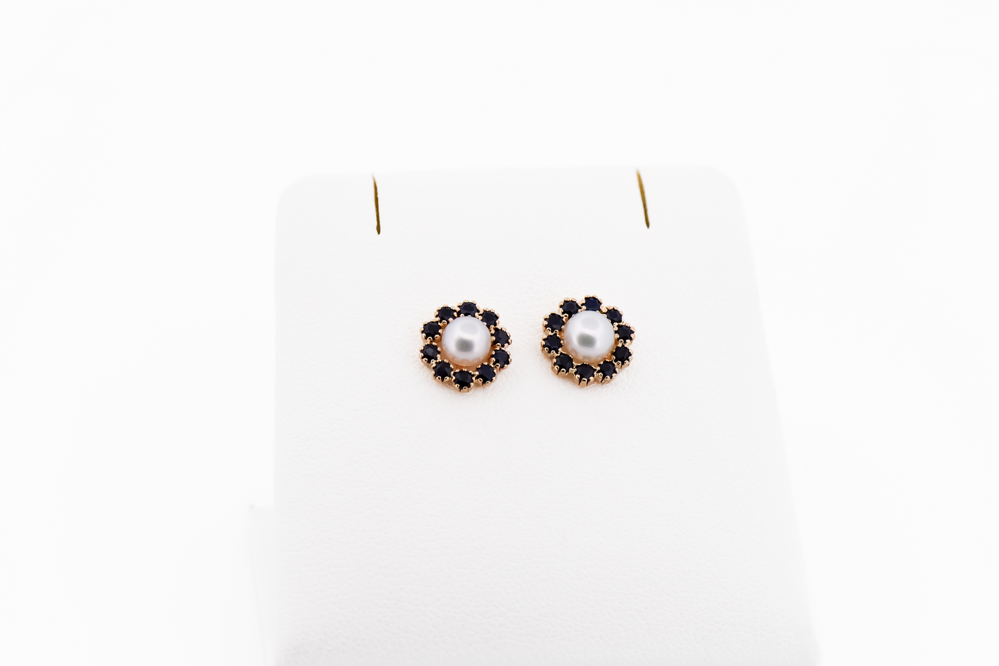 White Button Pearl Stud Earrings with Navy Blue Sapphire Halos