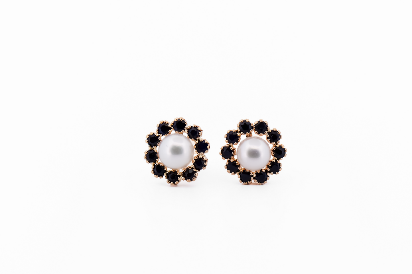 White Button Pearl Stud Earrings with Navy Blue Sapphire Halos