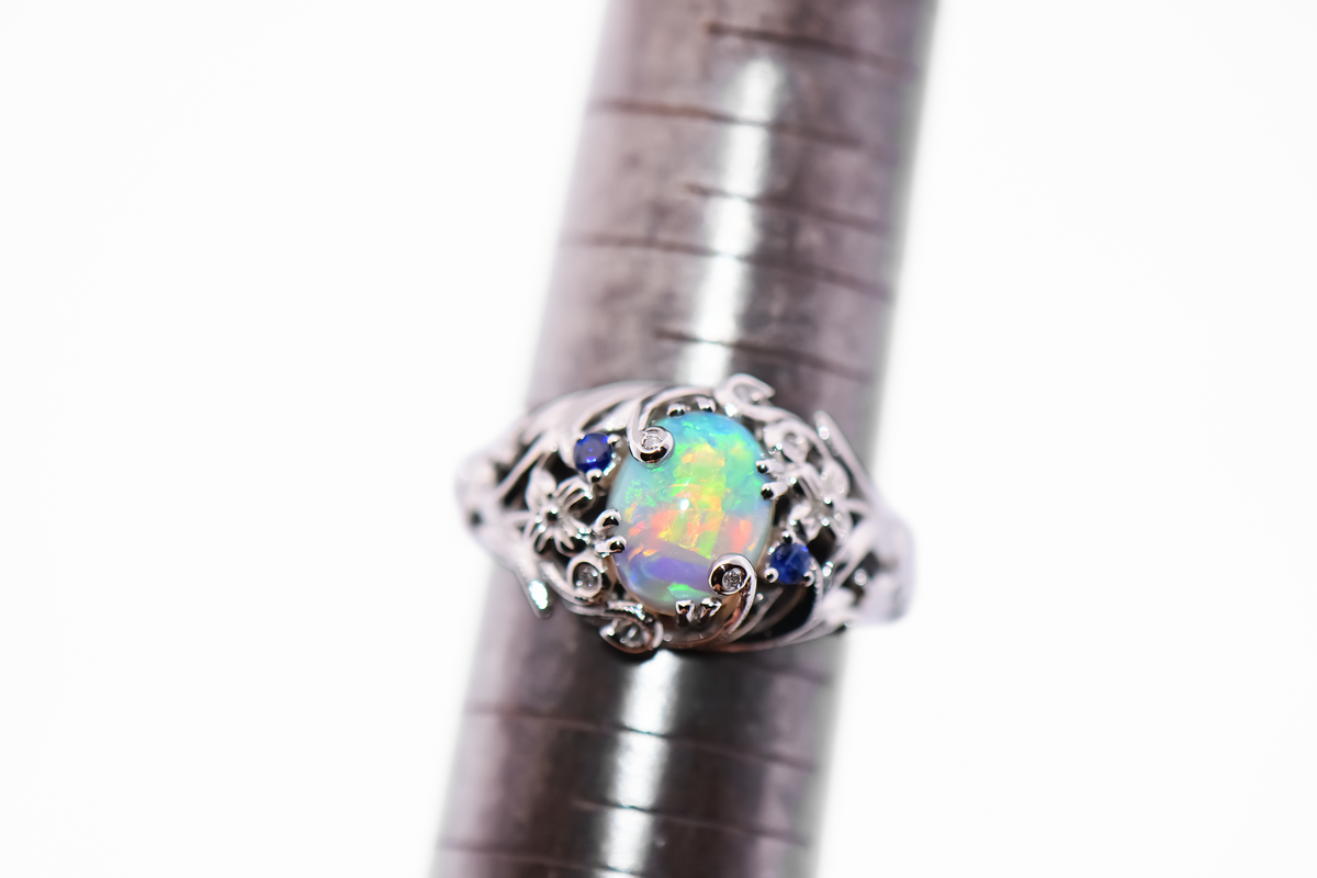 White Gold Floral Vine Ring set with Australian Crystal Opal & Sapphires