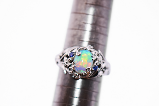 White Gold Floral Vine Ring set with Australian Crystal Opal & Sapphires
