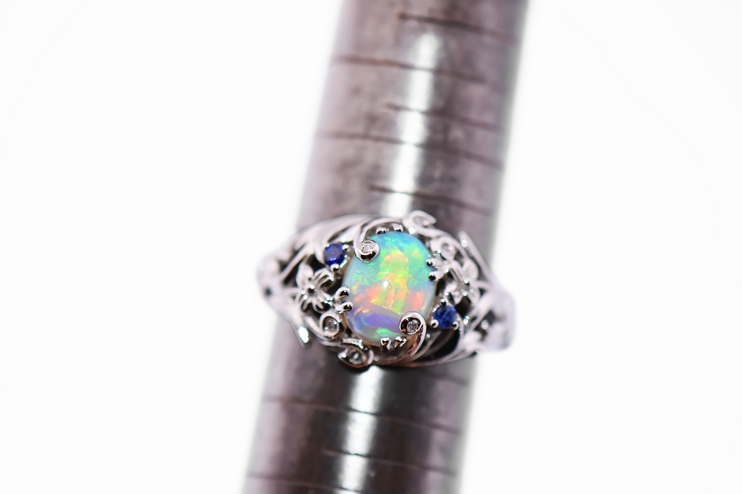 White Gold Floral Vine Ring set with Australian Crystal Opal & Sapphires