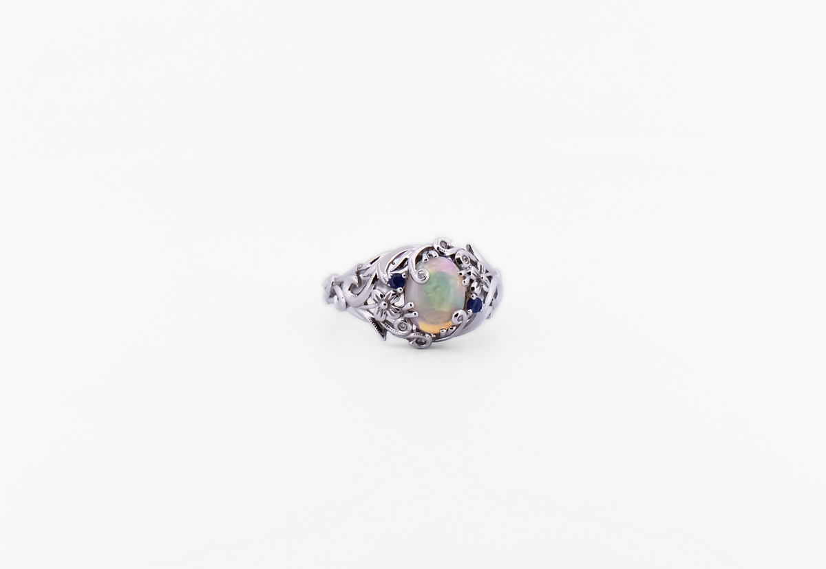 White Gold Floral Vine Ring set with Australian Crystal Opal & Sapphires