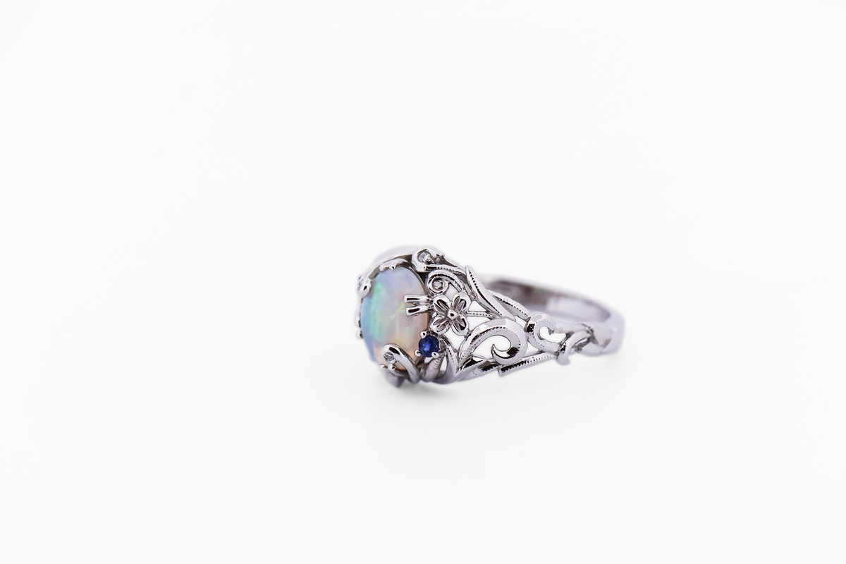 White Gold Floral Vine Ring set with Australian Crystal Opal & Sapphires