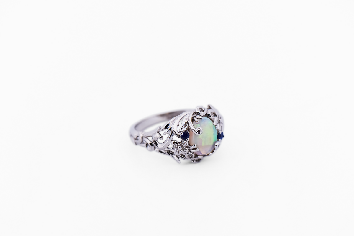 White Gold Floral Vine Ring set with Australian Crystal Opal & Sapphires