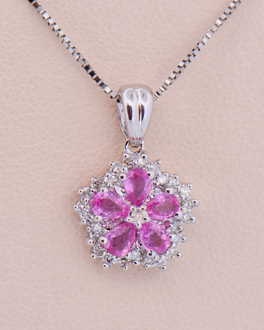 White Gold & Pink Sapphire Flower Cluster Pendant