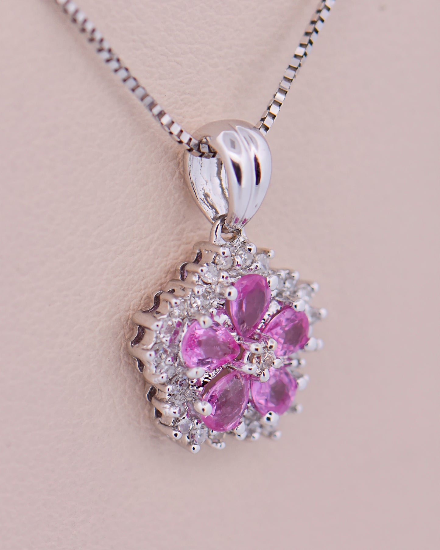 White Gold & Pink Sapphire Flower Cluster Pendant