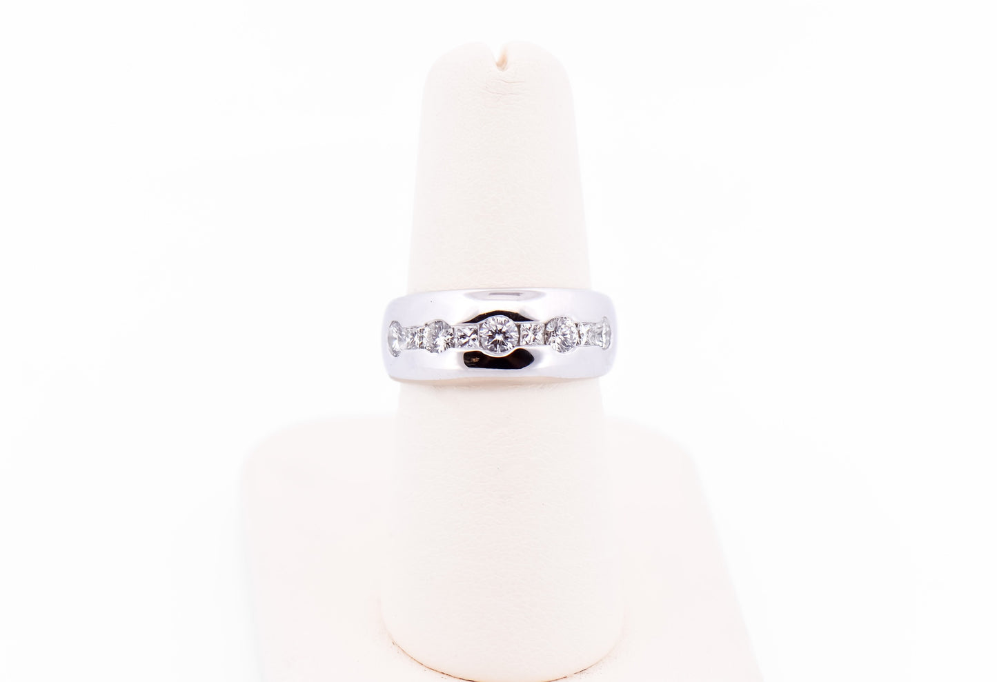 Wide White Gold Band with Channel Set Round & Princess Cut Diamonds