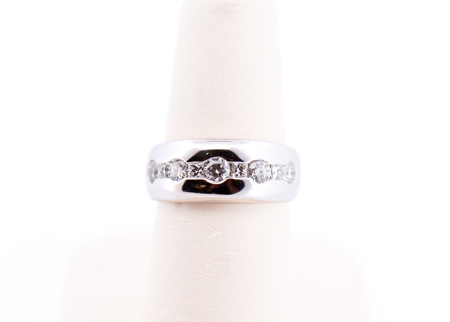 Wide White Gold Band with Channel Set Round & Princess Cut Diamonds