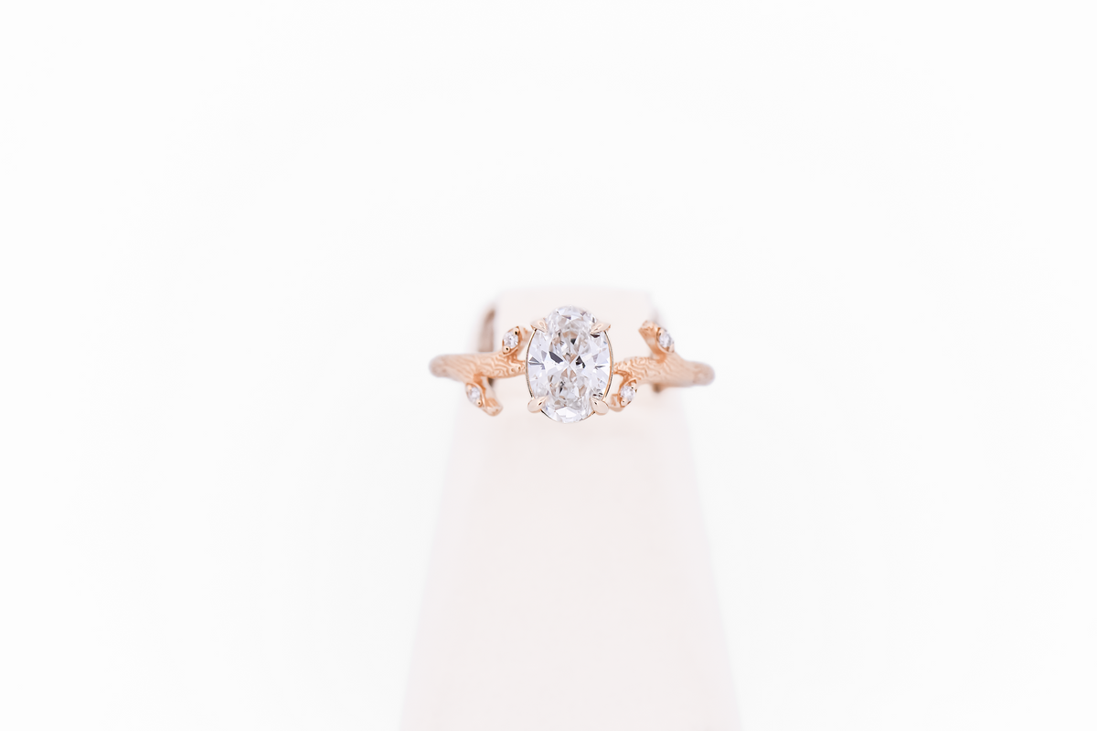 Yellow Gold Branch Style Engagement Ring with Oval Lab Grown Diamond