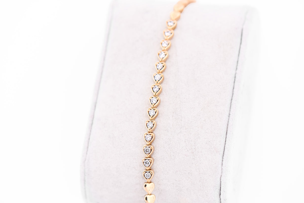 Yellow Gold & Diamond Bracelet with Heart-Shaped Links